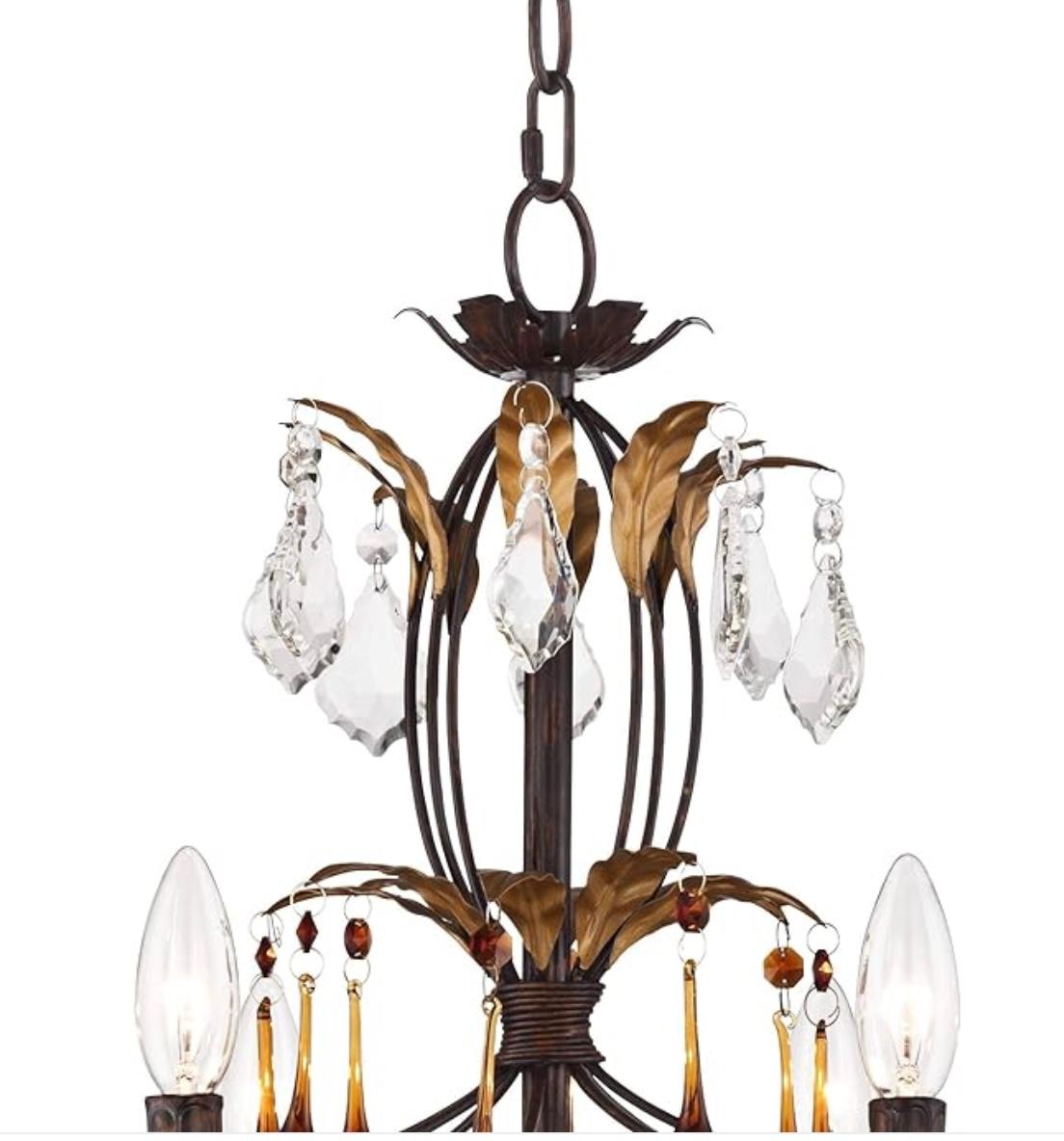 Metal Eight Light Tole Chandelier Clear And Amber Crystal Drops For Sale