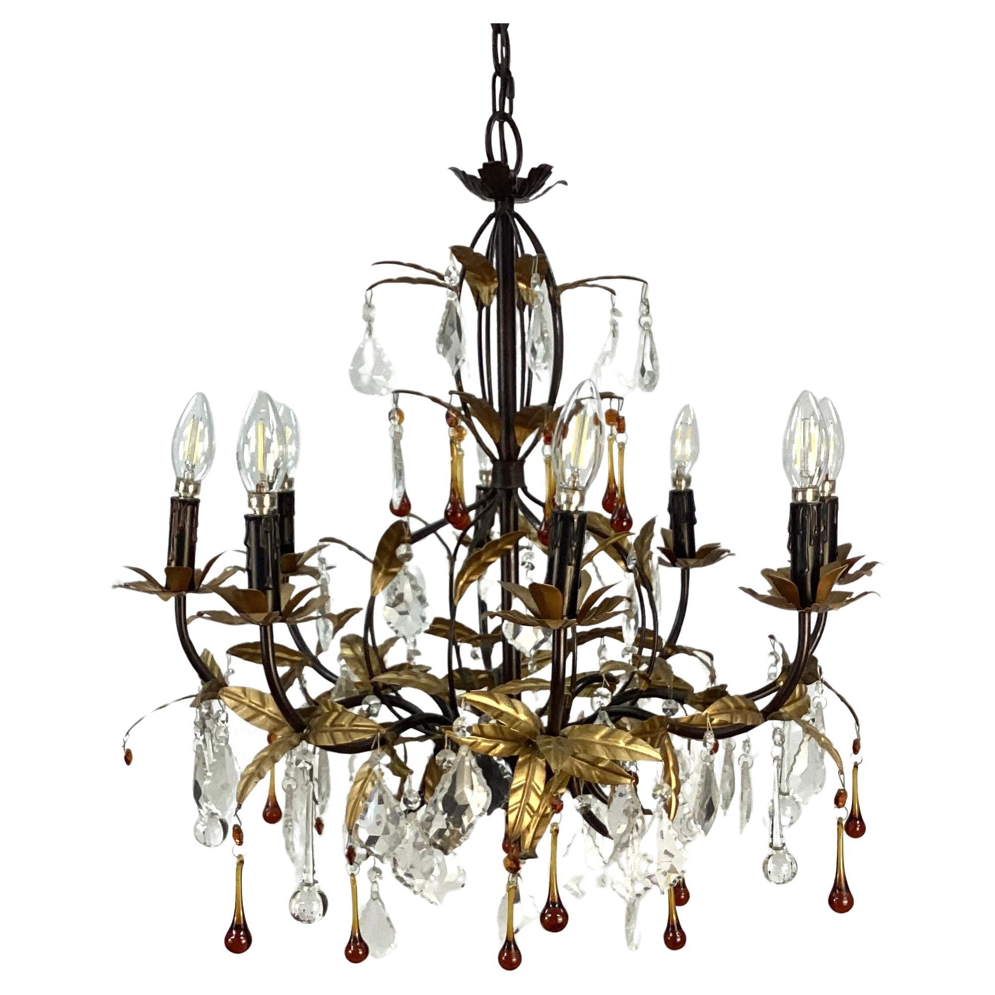 Eight Light Tole Chandelier Clear And Amber Crystal Drops For Sale