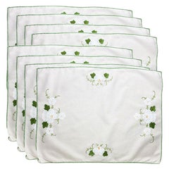 Eight Linen Magnolia Motif Placemats in Green and White, Set of 8