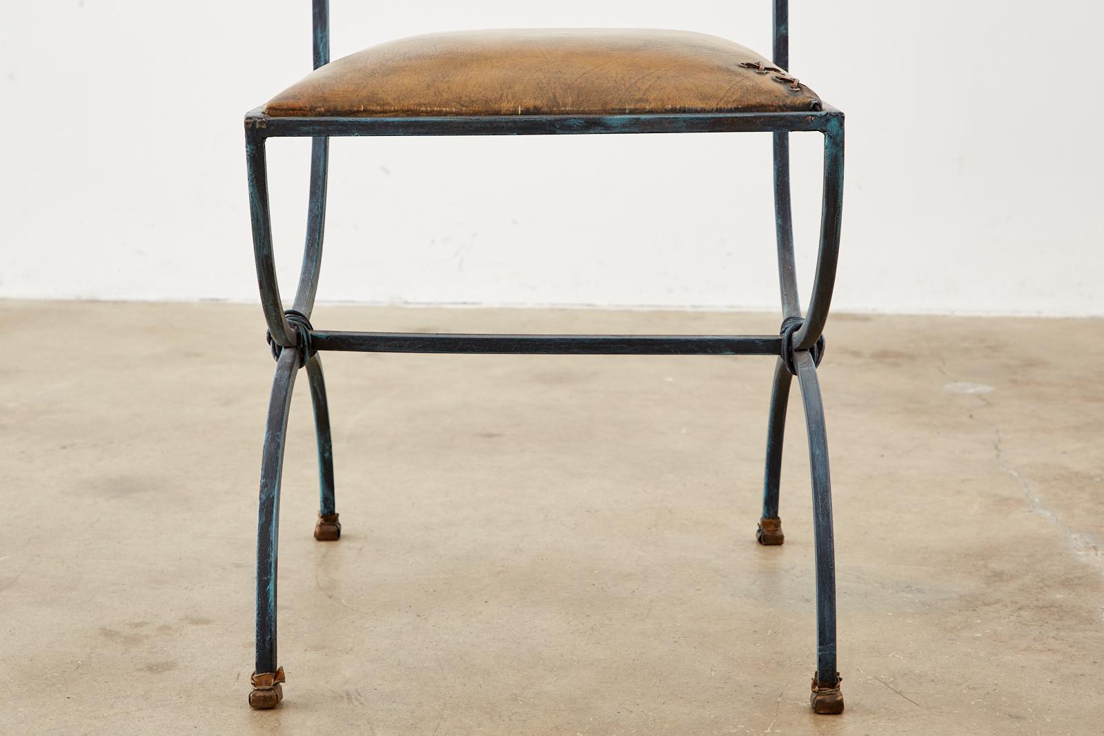Eight Ilana Goor Style Curule Leg Iron Leather Dining Chairs 4