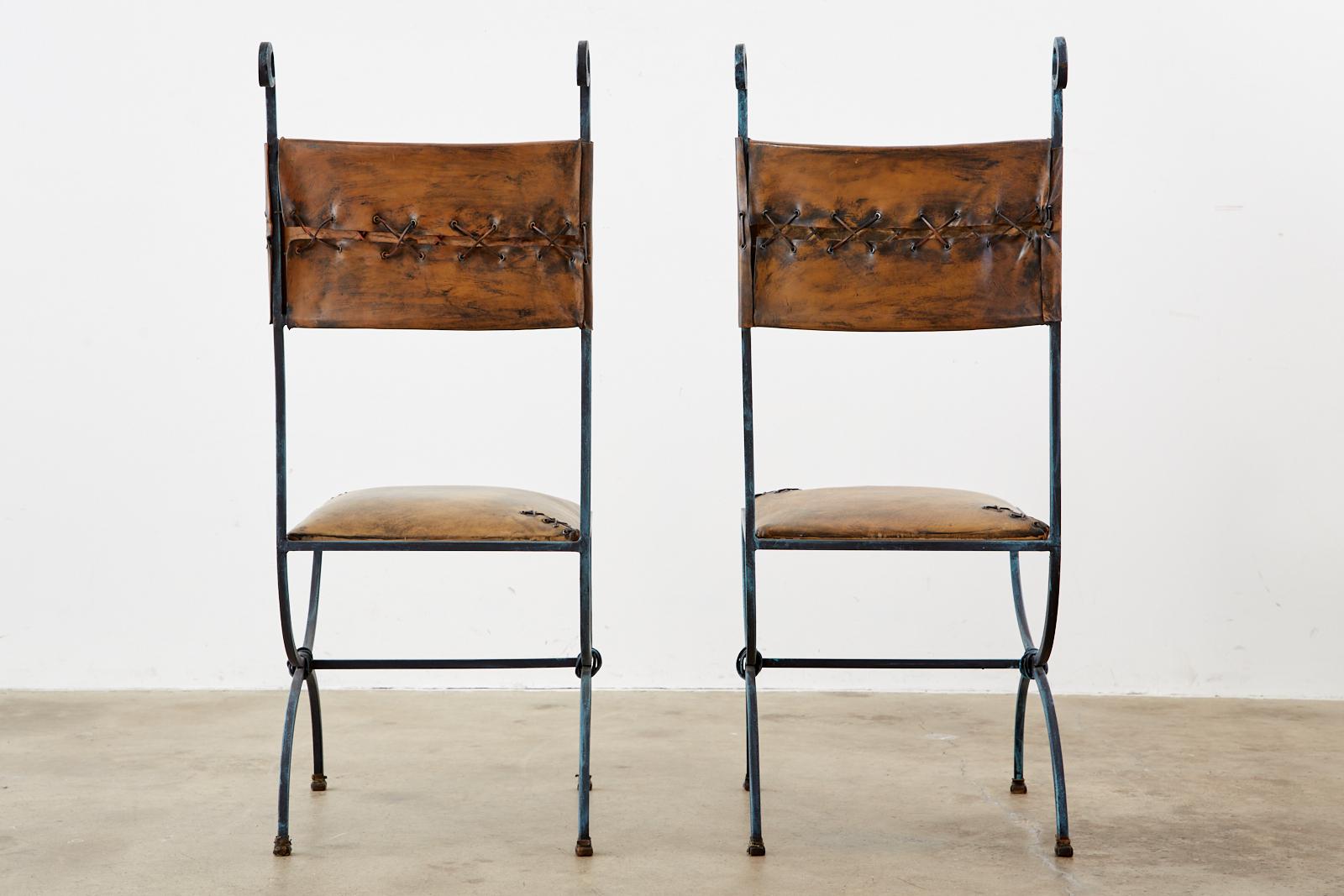 Eight Ilana Goor Style Curule Leg Iron Leather Dining Chairs 11