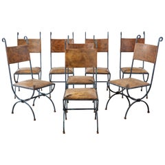 Eight Ilana Goor Style Curule Leg Iron Leather Dining Chairs