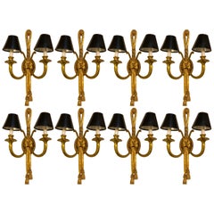 Eight Louis XVI Style Gold Gilt Bronze Wall Sconces with Black Shades