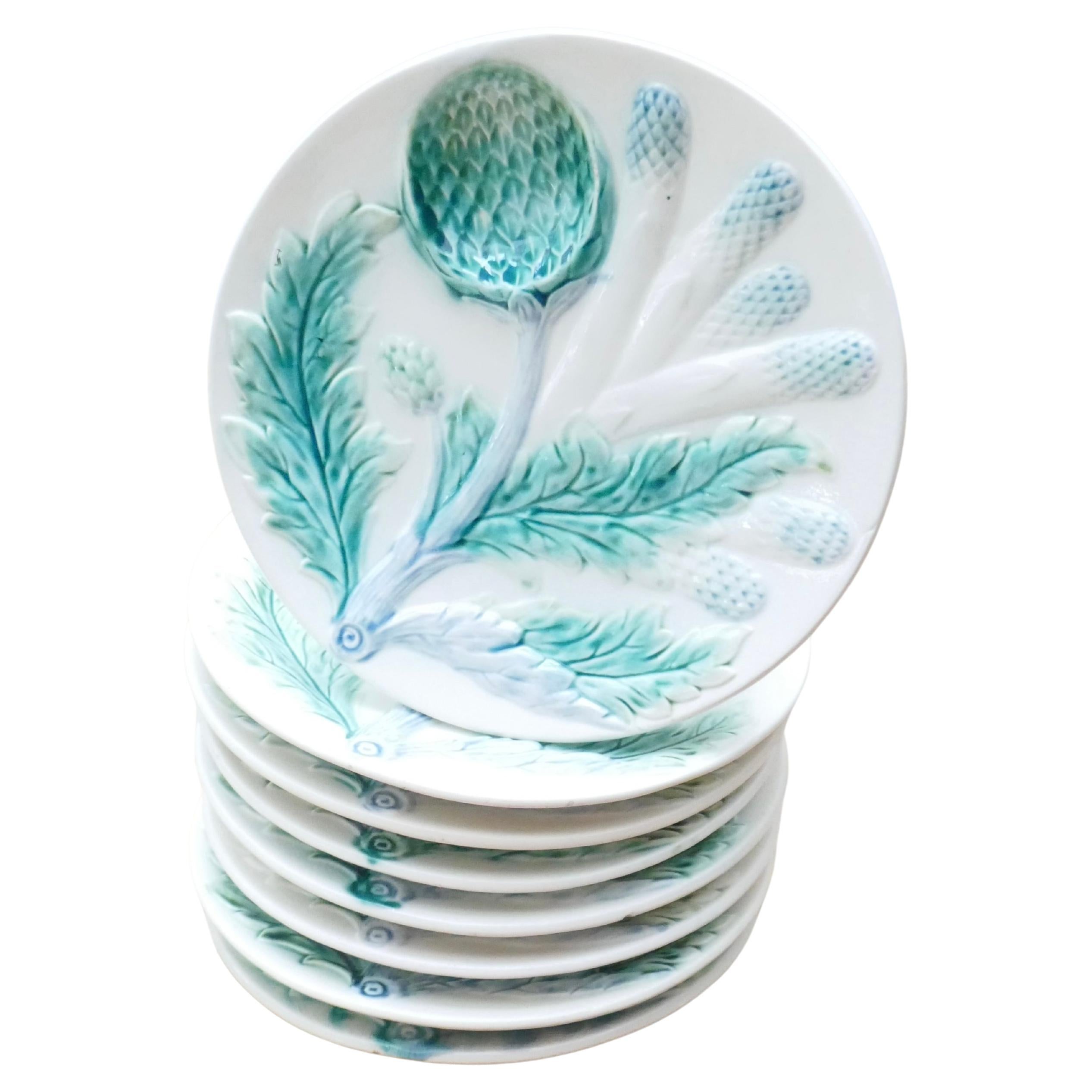 Eight Luneville French Faïence Barbotine Majolica Asparagus and Artichoke Plates