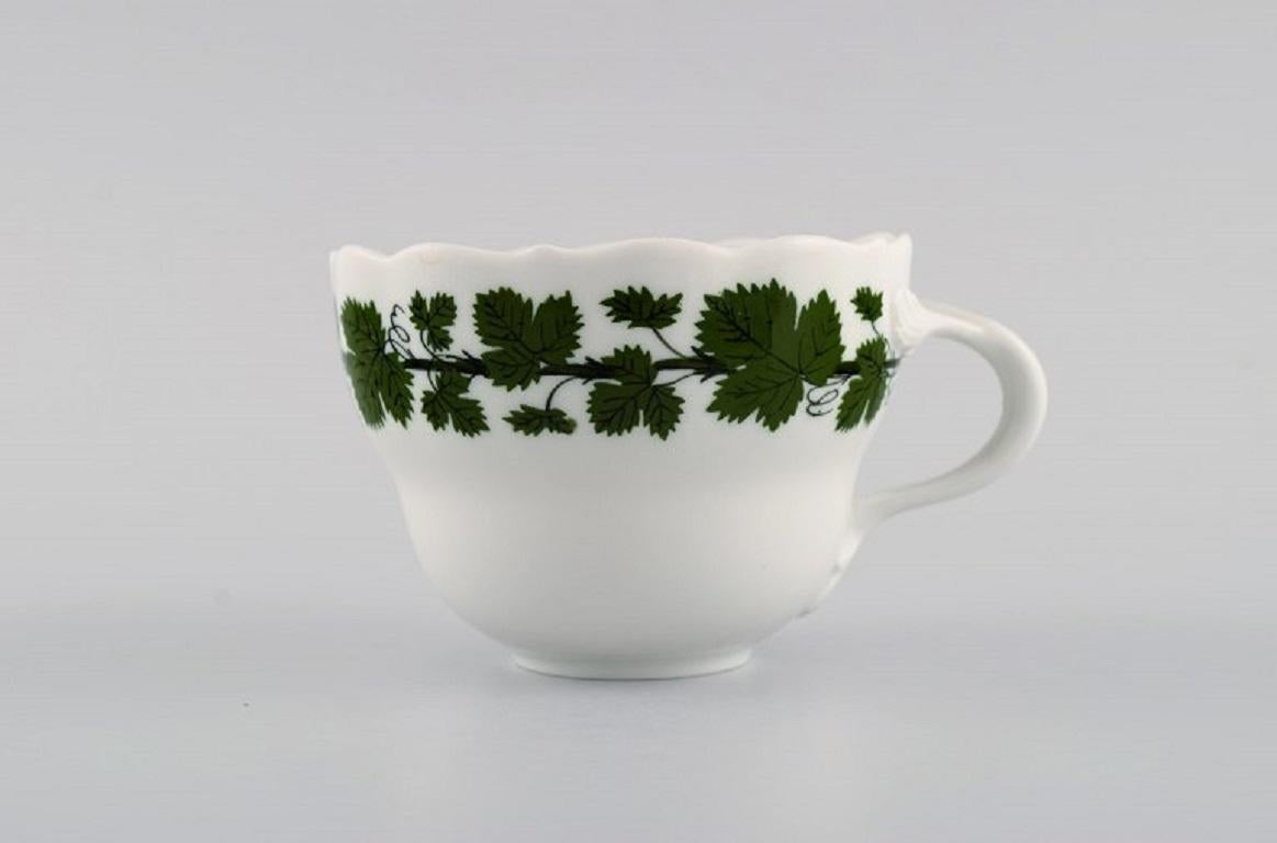 German Eight Meissen Green Ivy Vine Coffee Cups with Saucers in Hand-Painted Porcelain