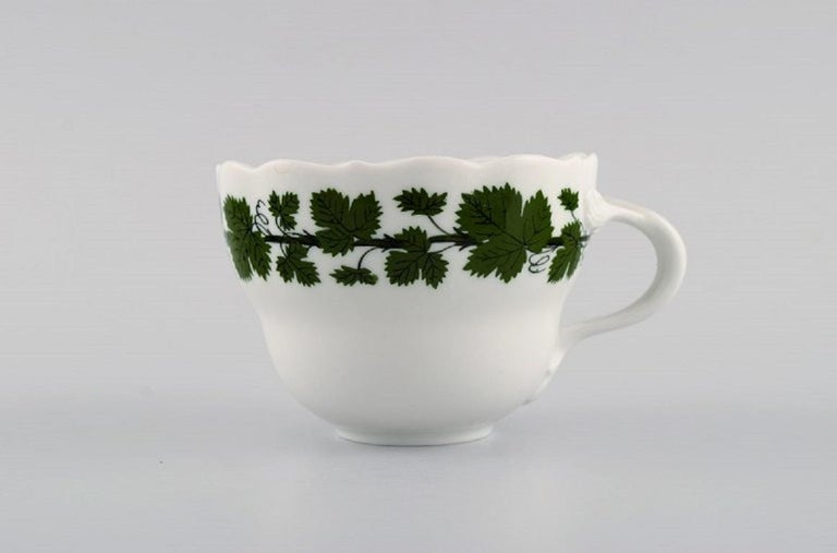 Eight Meissen Green Ivy Vine Coffee Cups with Saucers in HandPainted