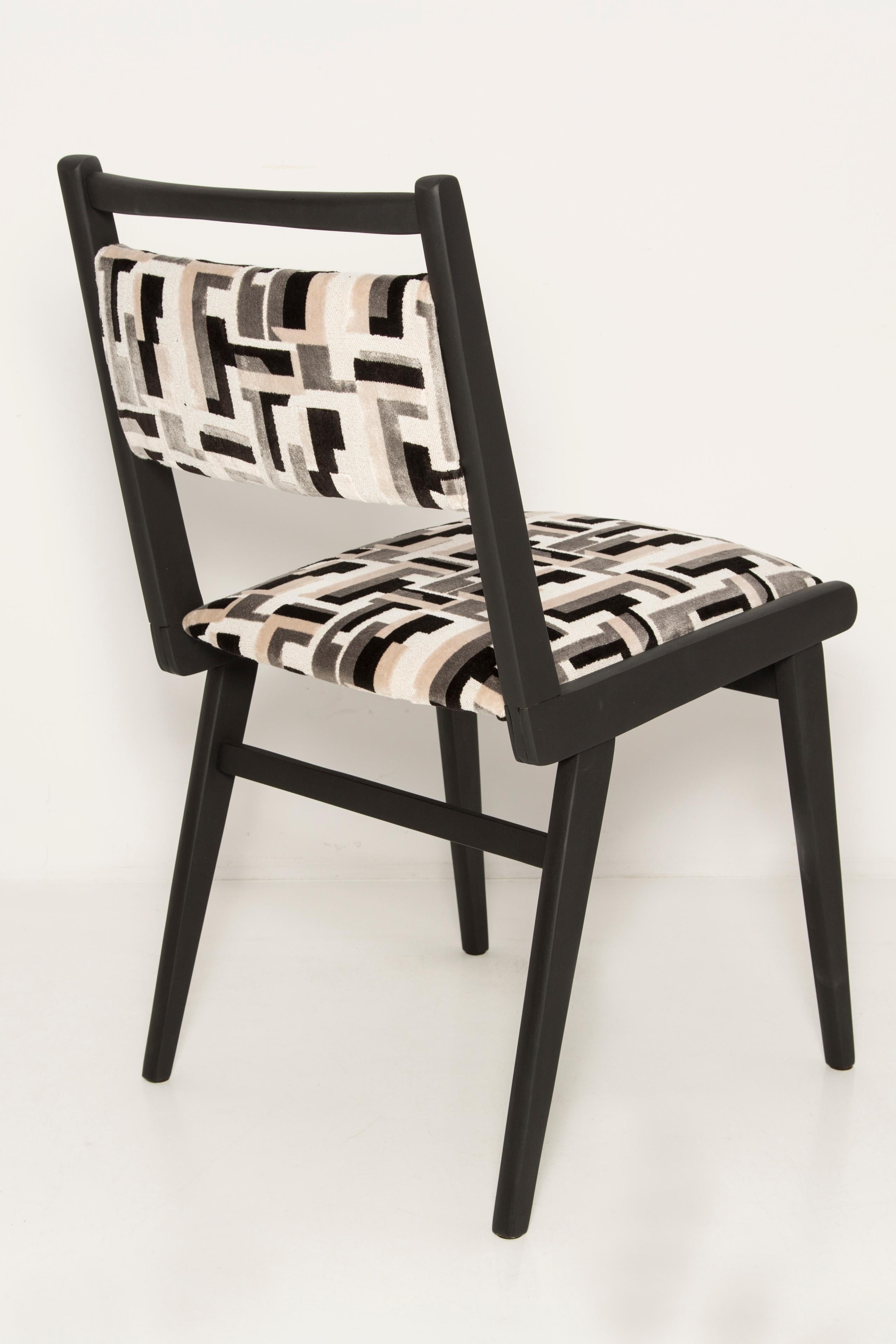 Hand-Crafted Eight Mid Century Black and White Velvet JAR Chairs, Poland, Europe, 1960s. For Sale