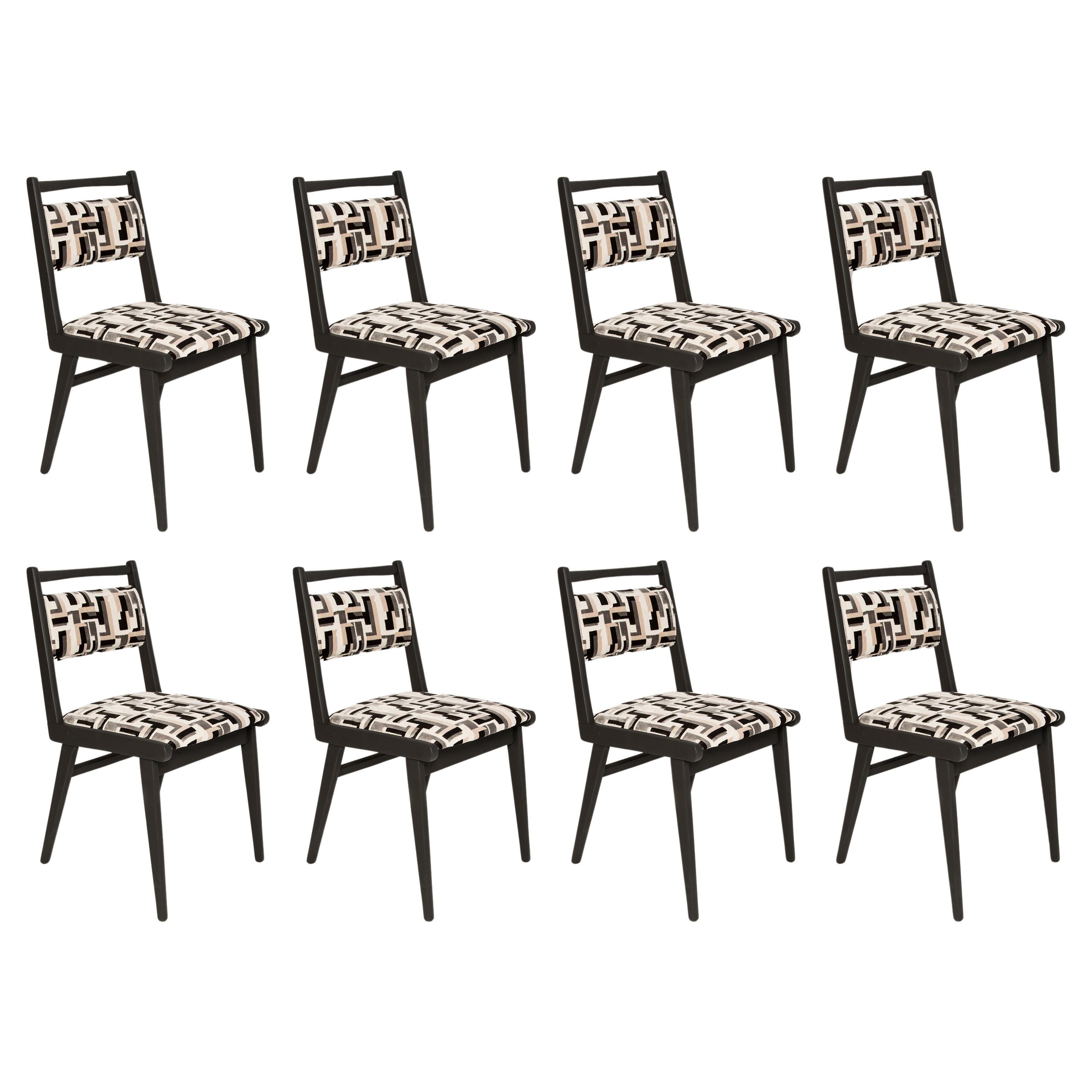 Eight Mid Century Black and White Velvet JAR Chairs, Poland, Europe, 1960s.