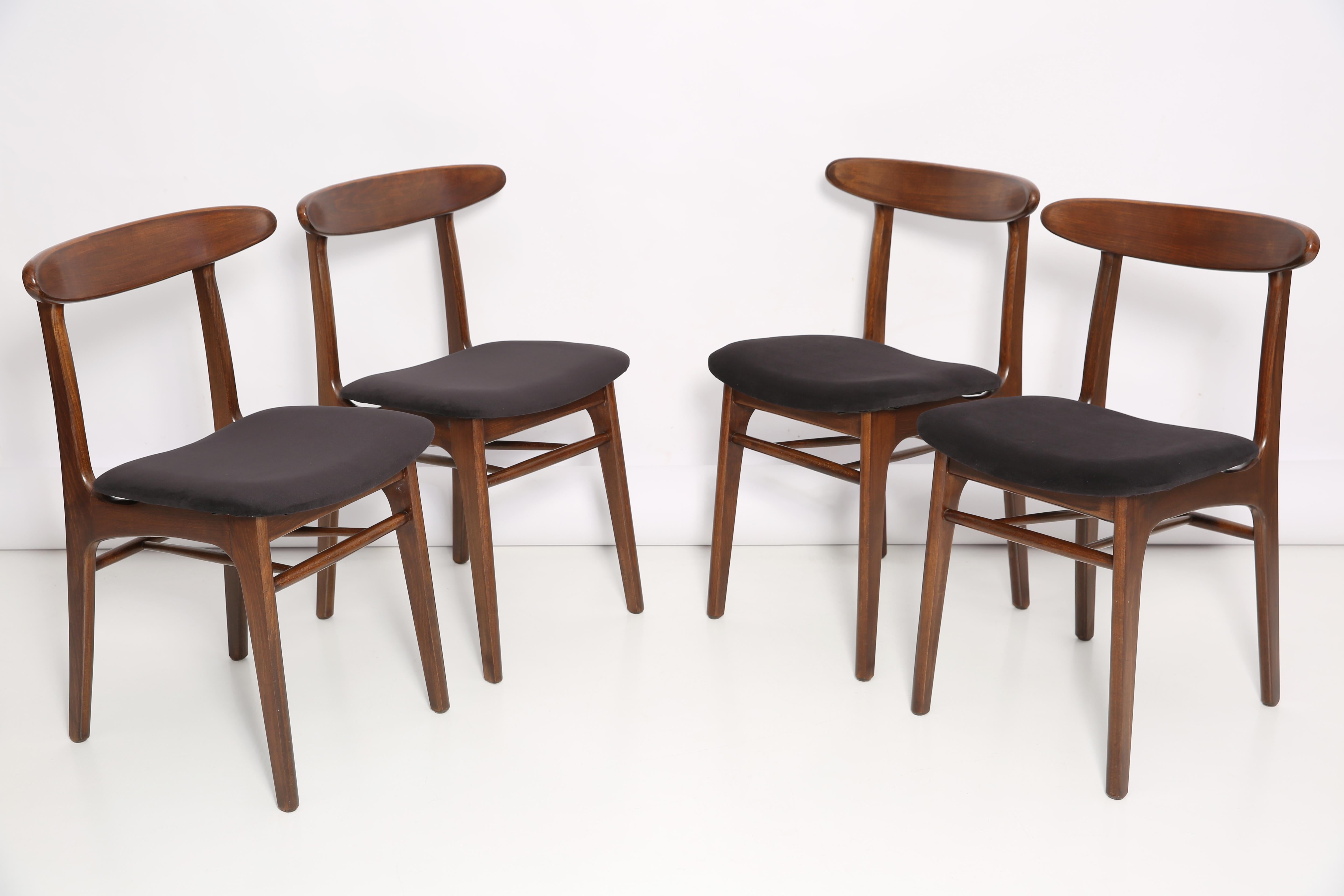 Mid-Century Modern Eight Mid-Century Black Velvet Chairs, by Rajmund Halas, Poland, 1960s For Sale