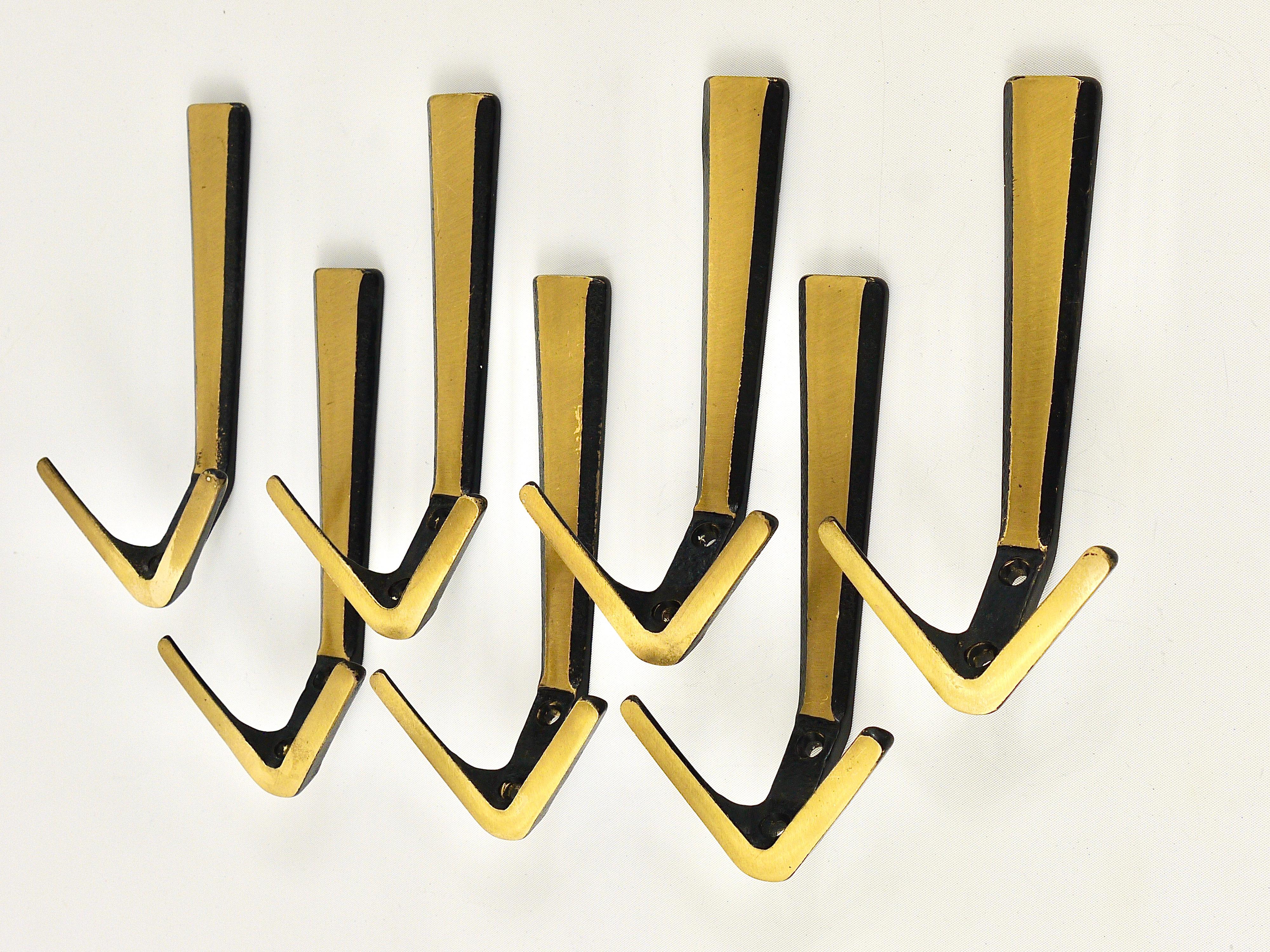 Austrian Seven Midcentury Brass Double Wall Hooks by Hertha Baller, Austria, 1950s