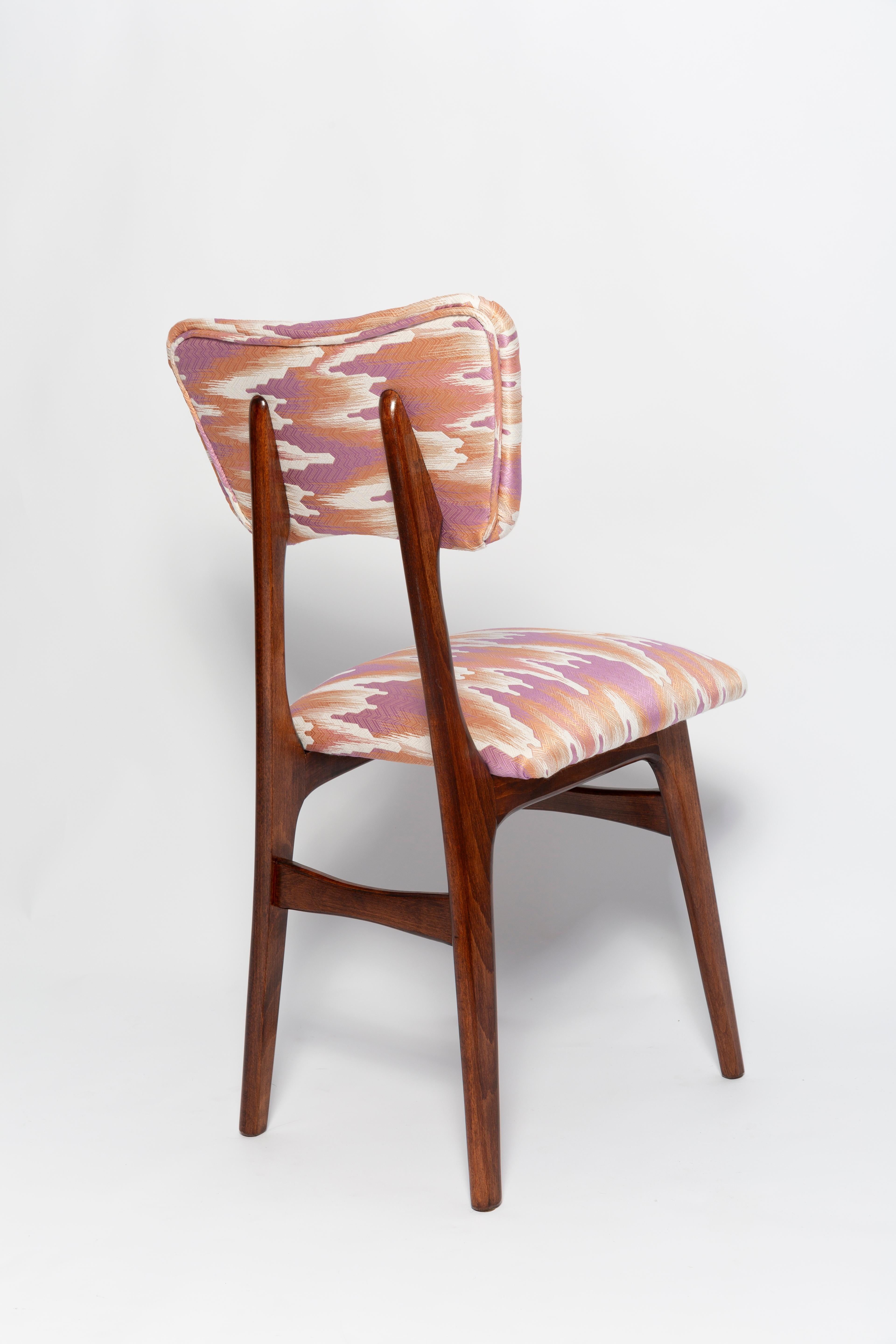 Ocho sillas mariposa de mediados de siglo, jacquard fandango, madera oscura, Europa, años 60 siglo XX en venta