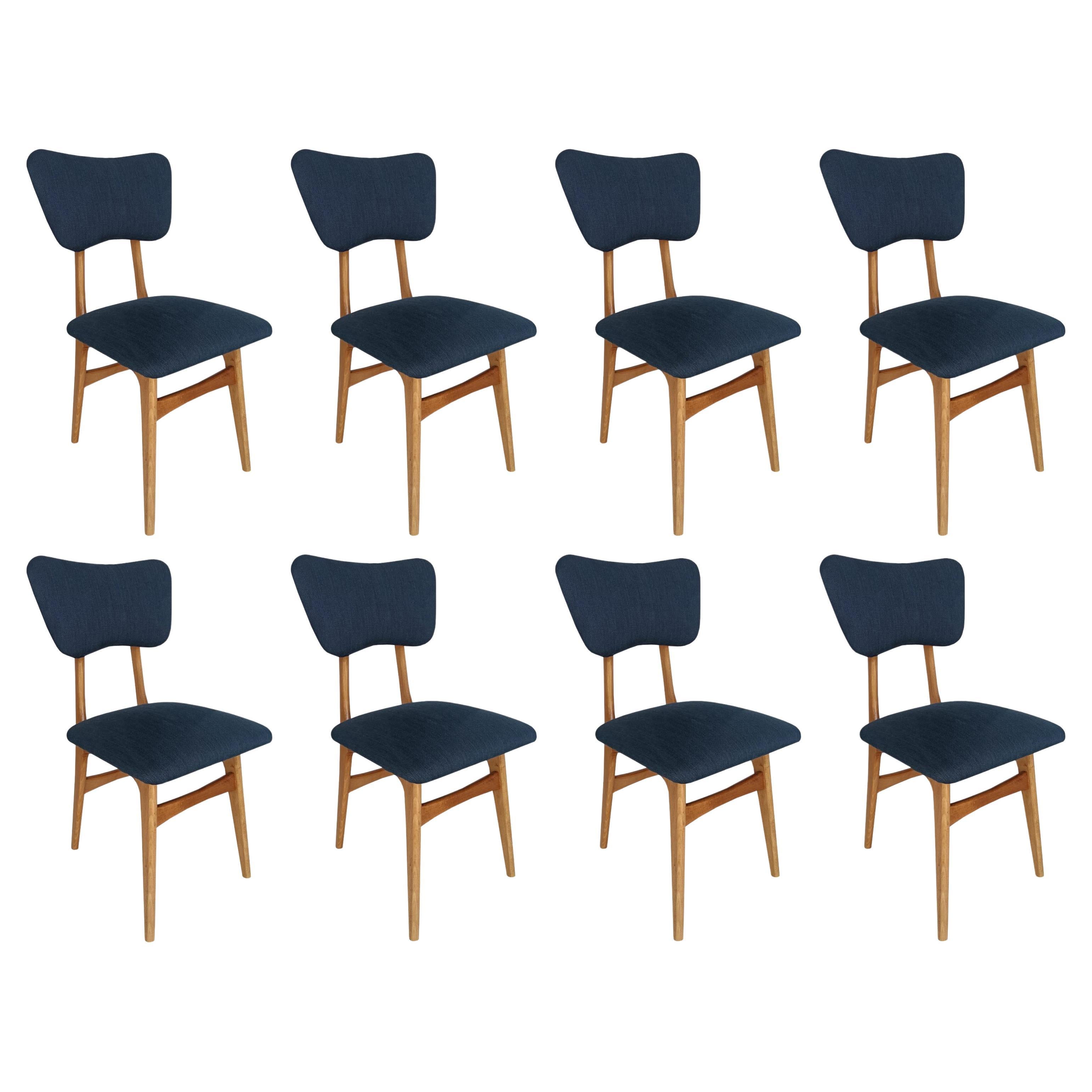 Eight Mid Century Butterfly Chairs, Indigo Pierre Frey Linen, Oak Wood, 1960