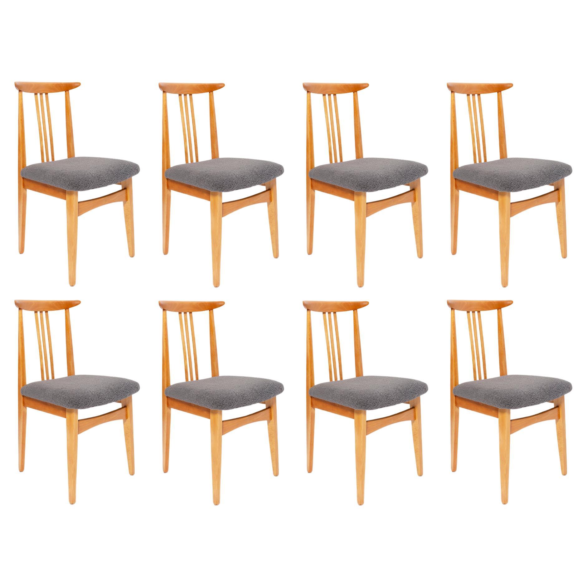 Eight Mid-Century Graphite Boucle Chairs, Light Wood, M Zielinski, Europe, 1960 For Sale