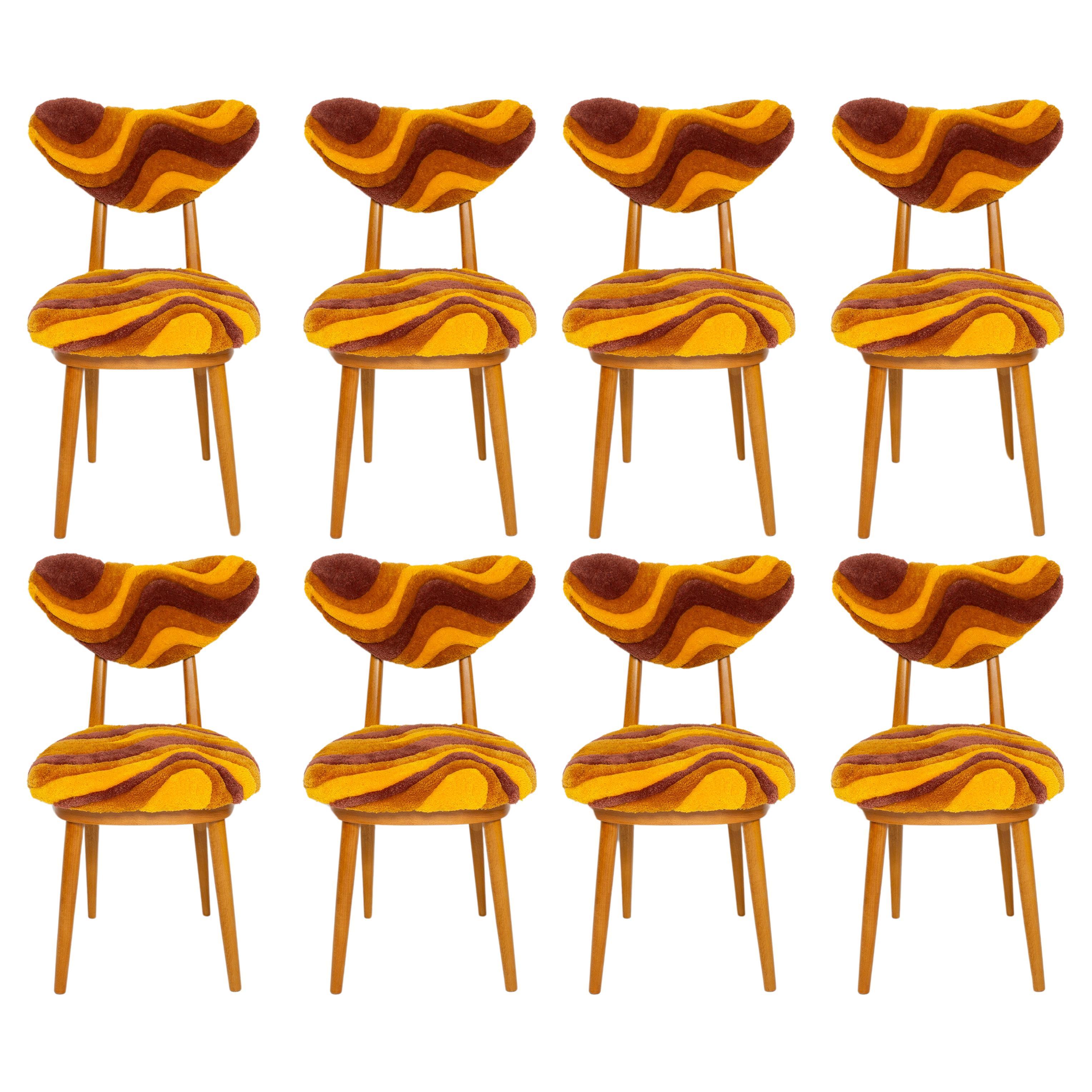 Eight Mid Century Heart Chairs, Hand Tufting Yellow Wool, Europe, Poland, 1960s