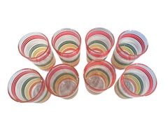 Eight Midcentury Highball Glasses W/Bands of Brightly Colored Lines
