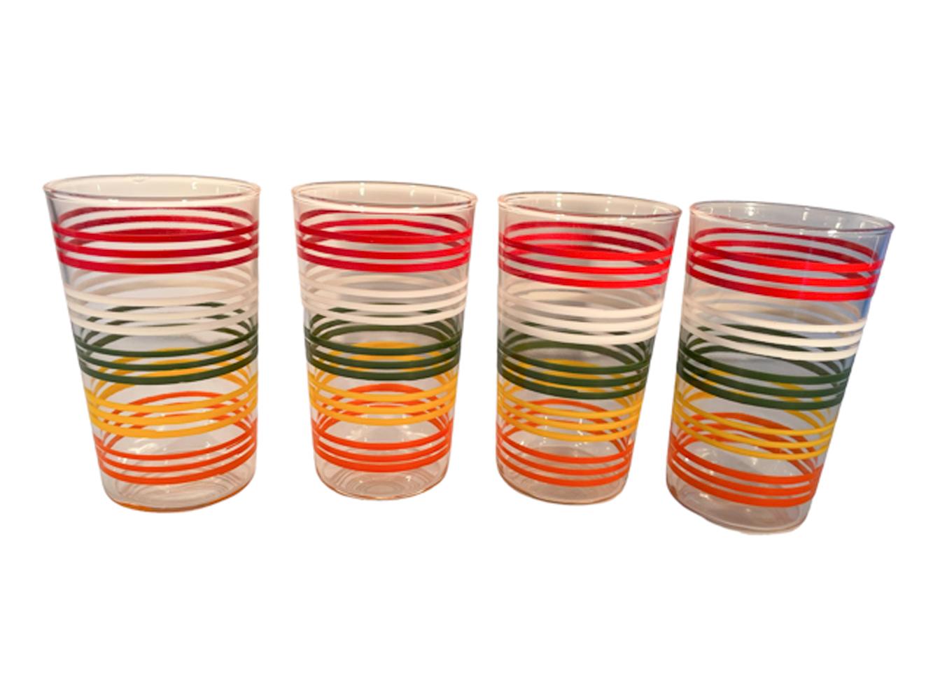 Mid-Century Modern Eight Midcentury Highball Glasses W/Bands of Brightly Colored Lines For Sale
