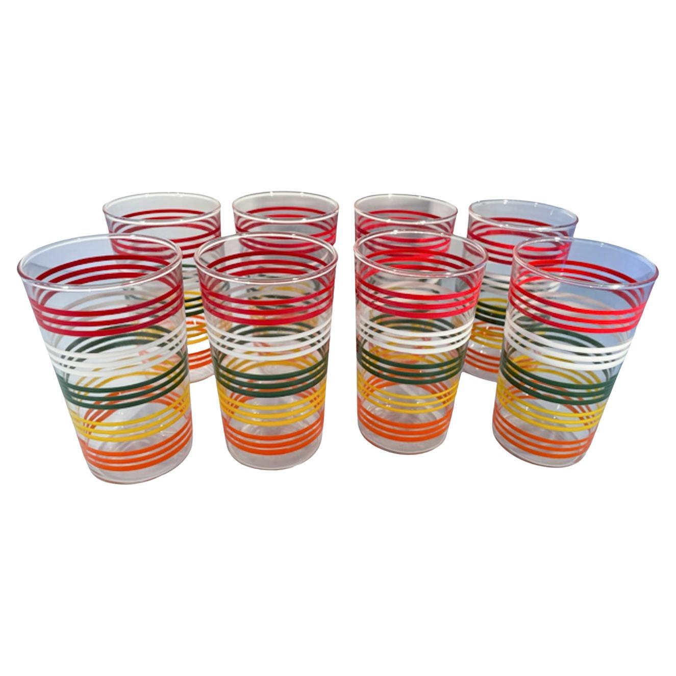 Eight Midcentury Highball Glasses W/Bands of Brightly Colored Lines