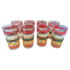 Eight Midcentury Highball Glasses W/Bands of Brightly Colored Lines