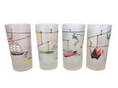 Eight Mid-Century Highball Glasses with Mobiles on Frosted Ground