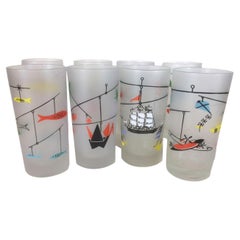 Eight Mid-Century Highball Glasses with Mobiles on Frosted Ground