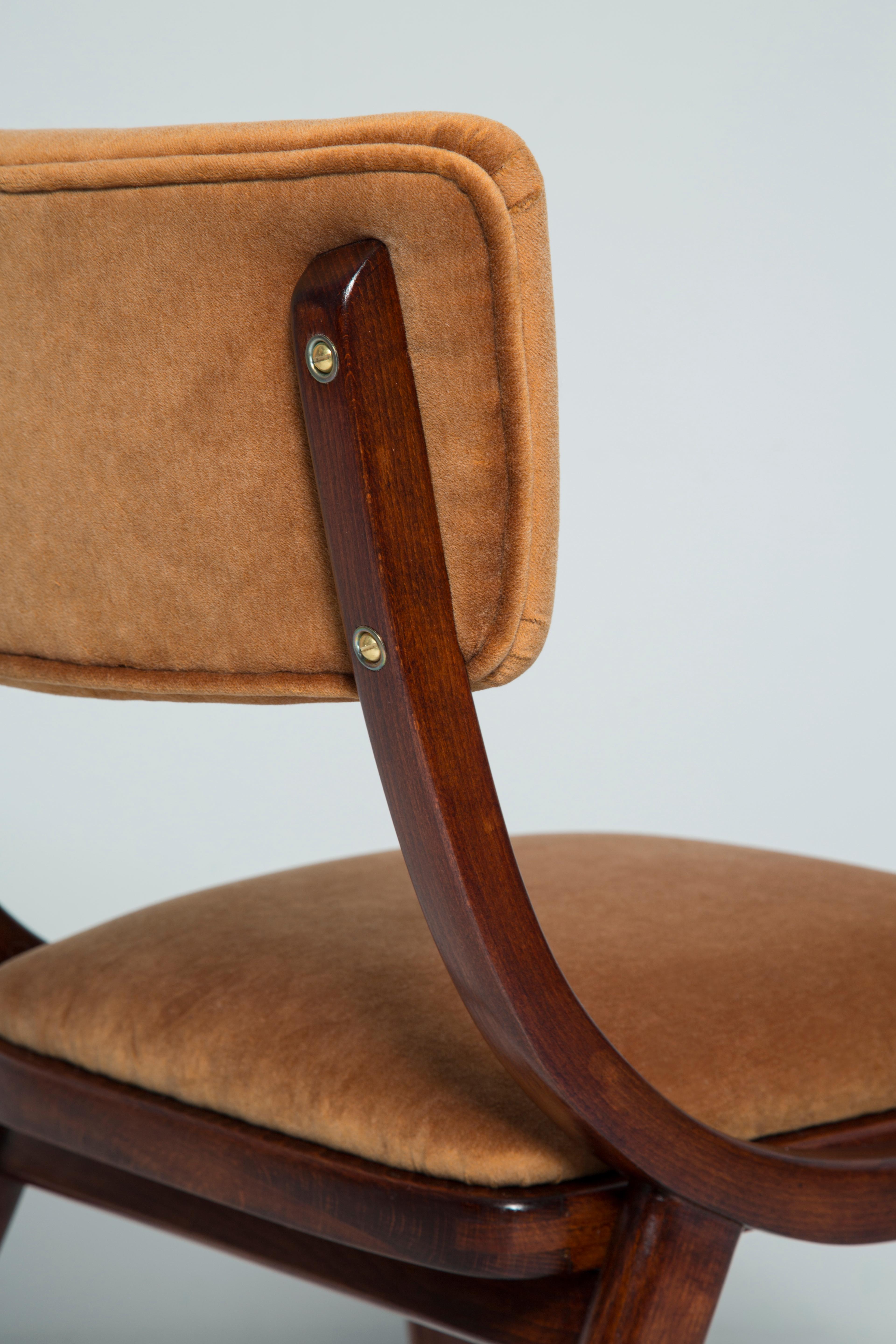 Leather Eight Mid Century Modern Bumerang Chairs, Brown Beige Velvet, Poland, 1960s For Sale