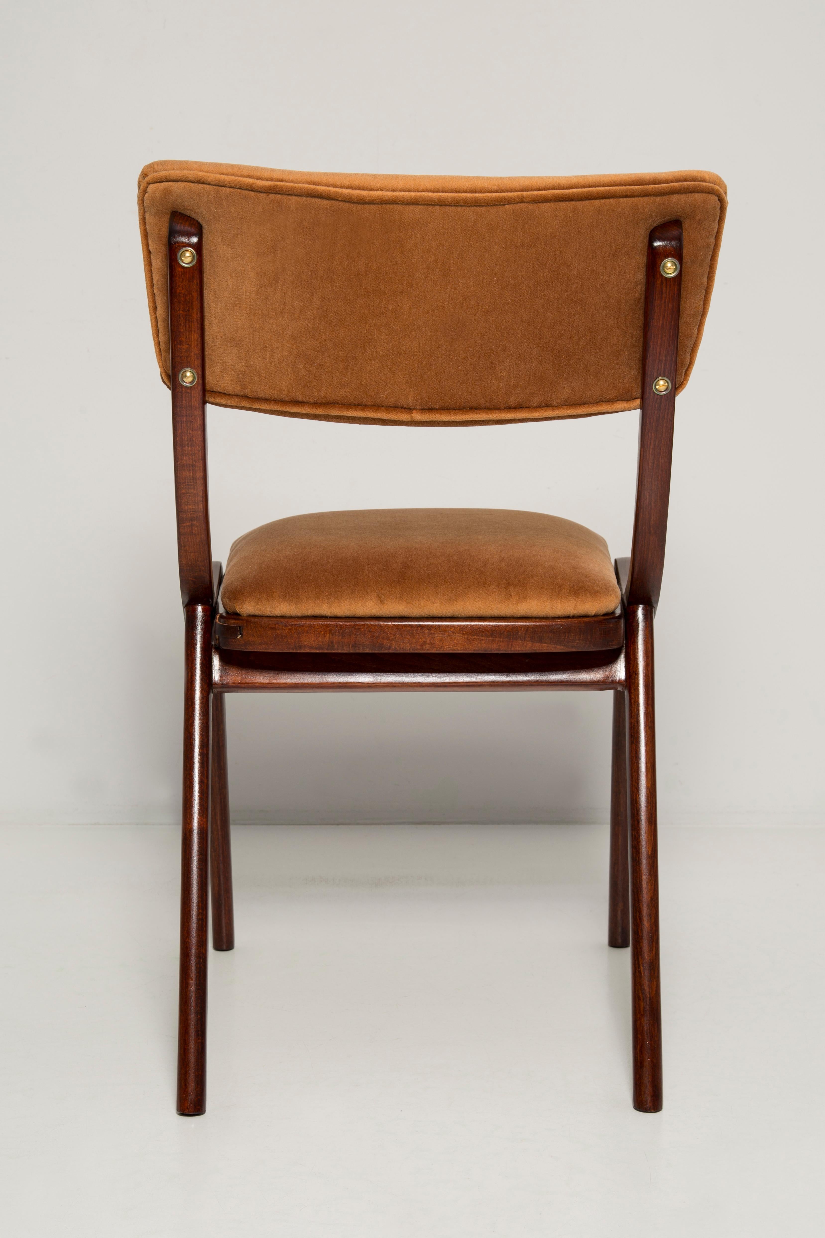 Eight Mid Century Modern Bumerang Chairs, Brown Beige Velvet, Poland, 1960s For Sale 1