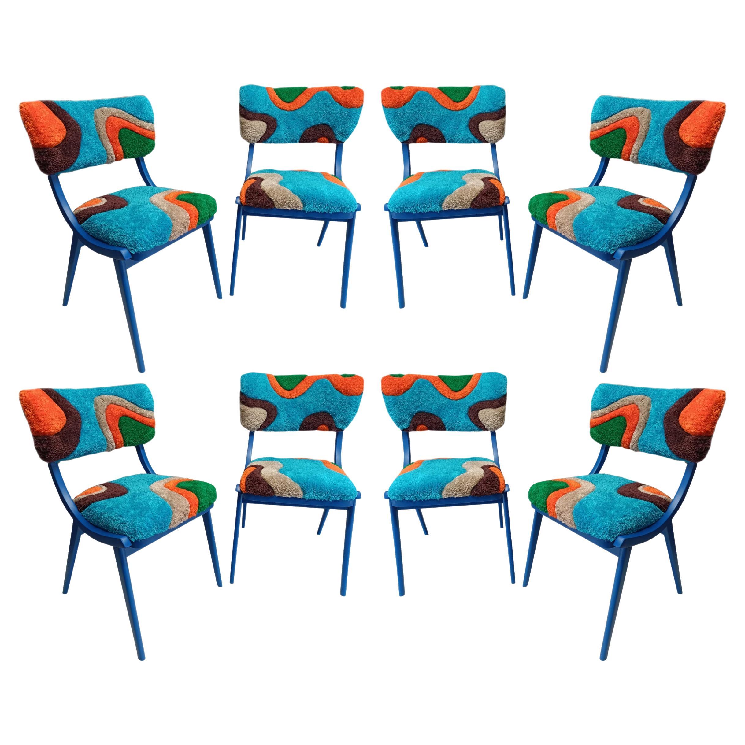 Eight Mid Century Modern Bumerang Chairs, Tufting Blue Green Wool, Poland, 1960s For Sale