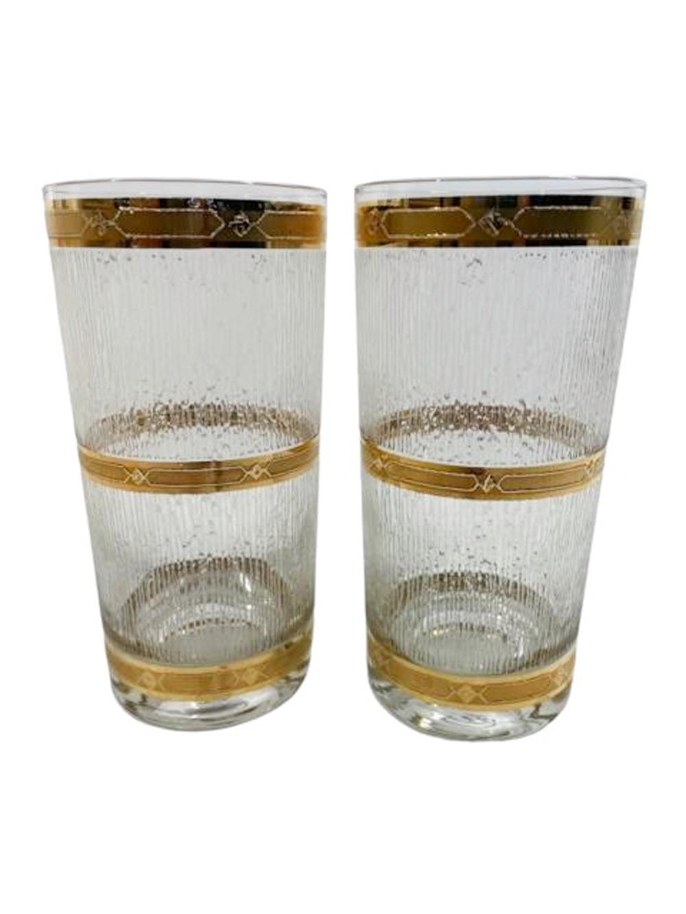 Ensemble de huit verres highball modernes du milieu du siècle, avec deux bandes d'émail texturé Icy entre trois bandes d'or 22k.