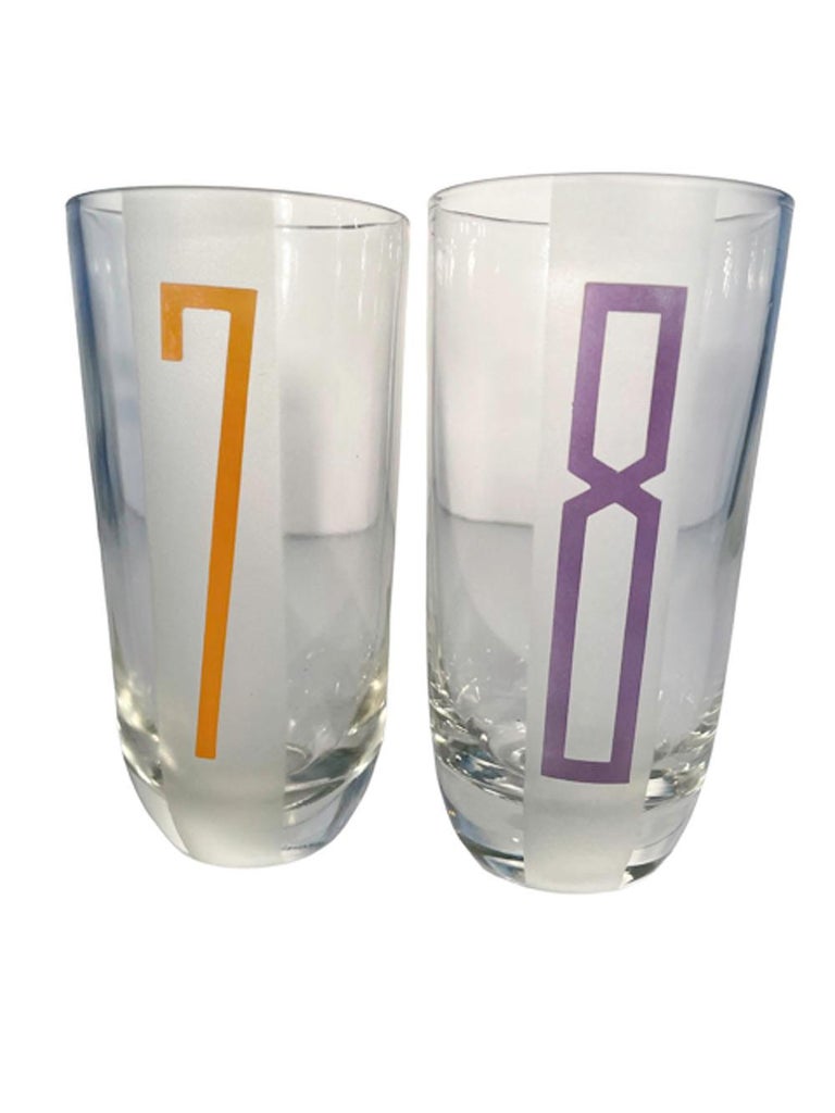 Eight MidCentury Modern Highball Glasses, Numbered 1 to 8 in Different