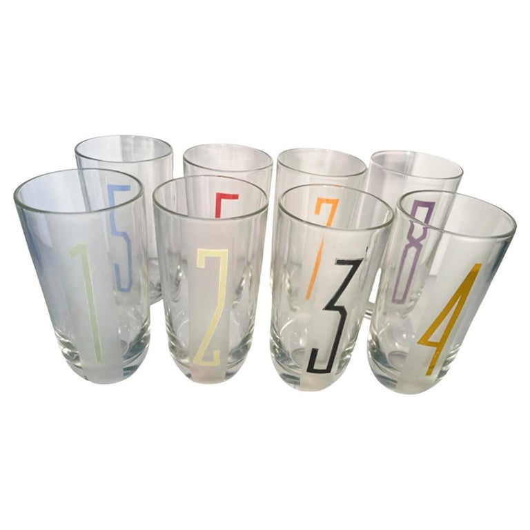 Eight MidCentury Modern Highball Glasses, Numbered 1 to 8 in Different