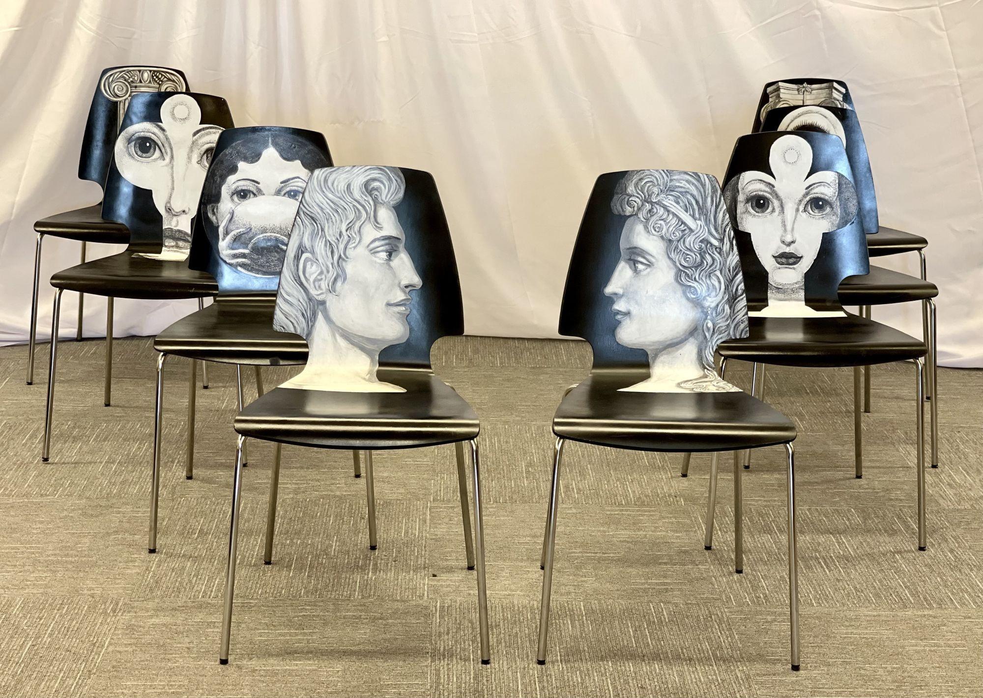 Eight Mid-Century Modern Piero Fornasetti Style dining / side chairs, Italy
 
Set of 8 finely detailed, hand painted, mid-century dining or side chairs. Each chair depicts a different face of a man or woman. These chairs are similar in nature to