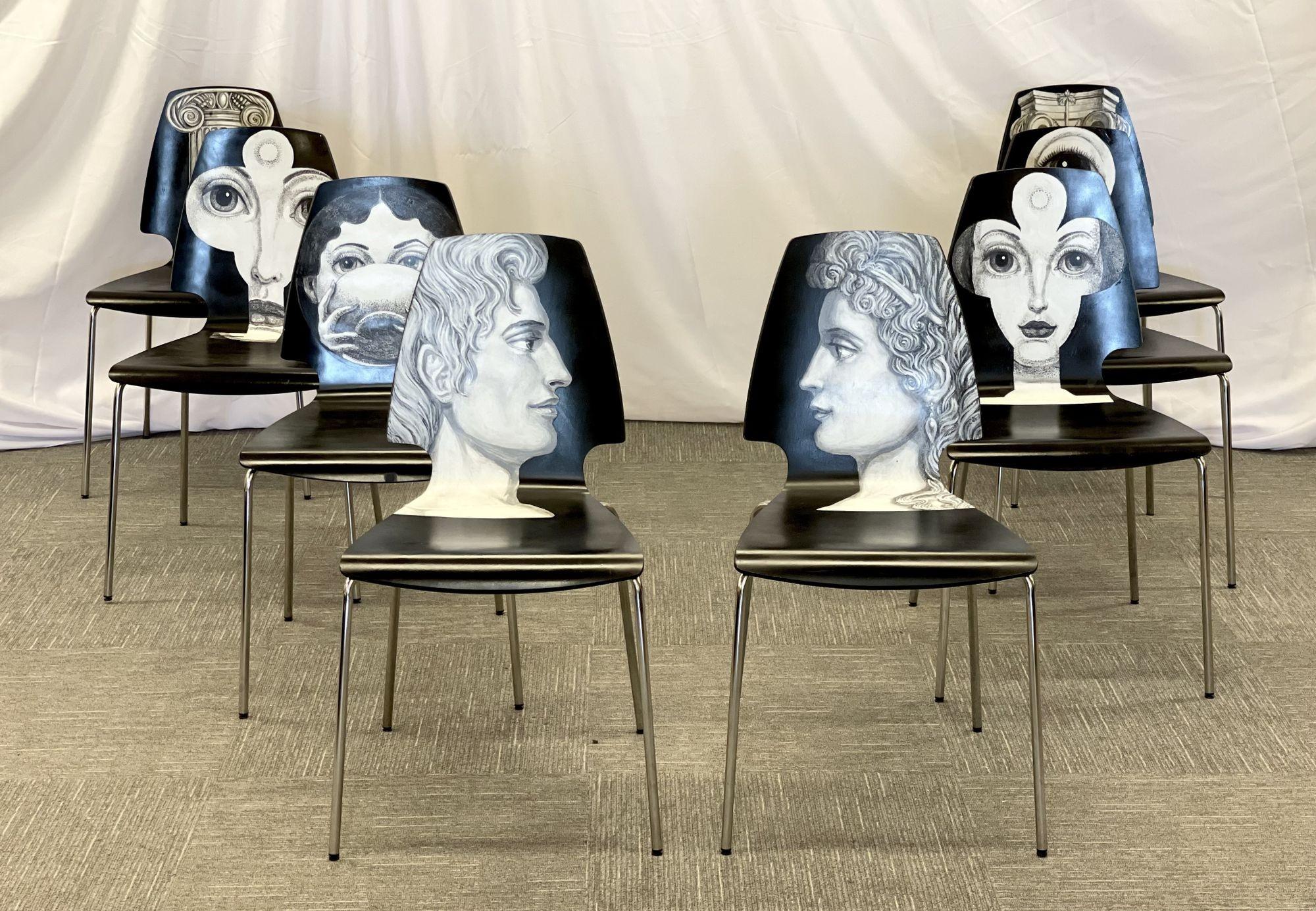 Metal Eight Mid-Century Modern Piero Fornasetti Style Dining / Side Chairs, Italy