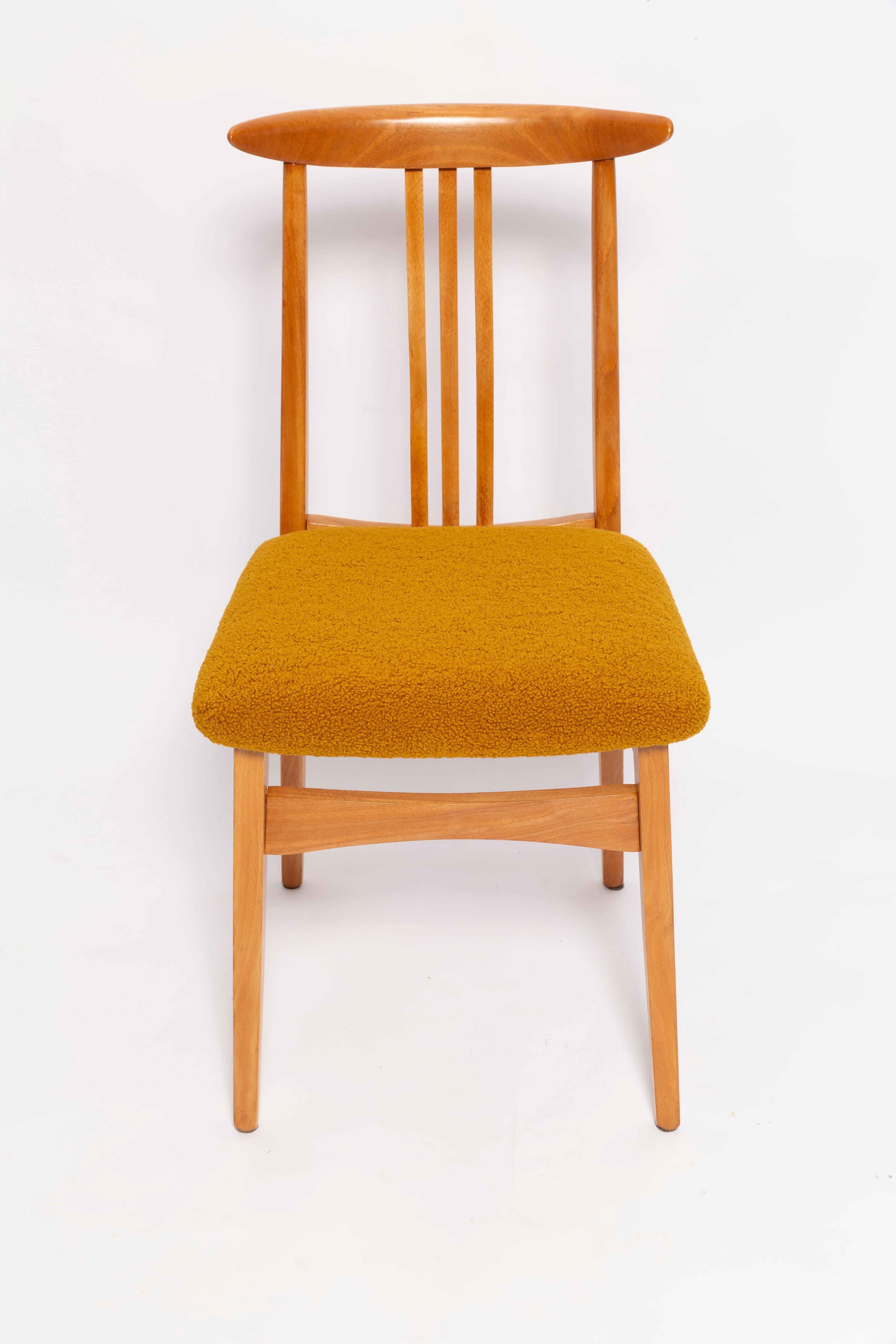 Mid-Century Modern Eight Mid-Century Ochre Boucle Chairs, Light Wood, M. Zielinski, Europe, 1960s For Sale