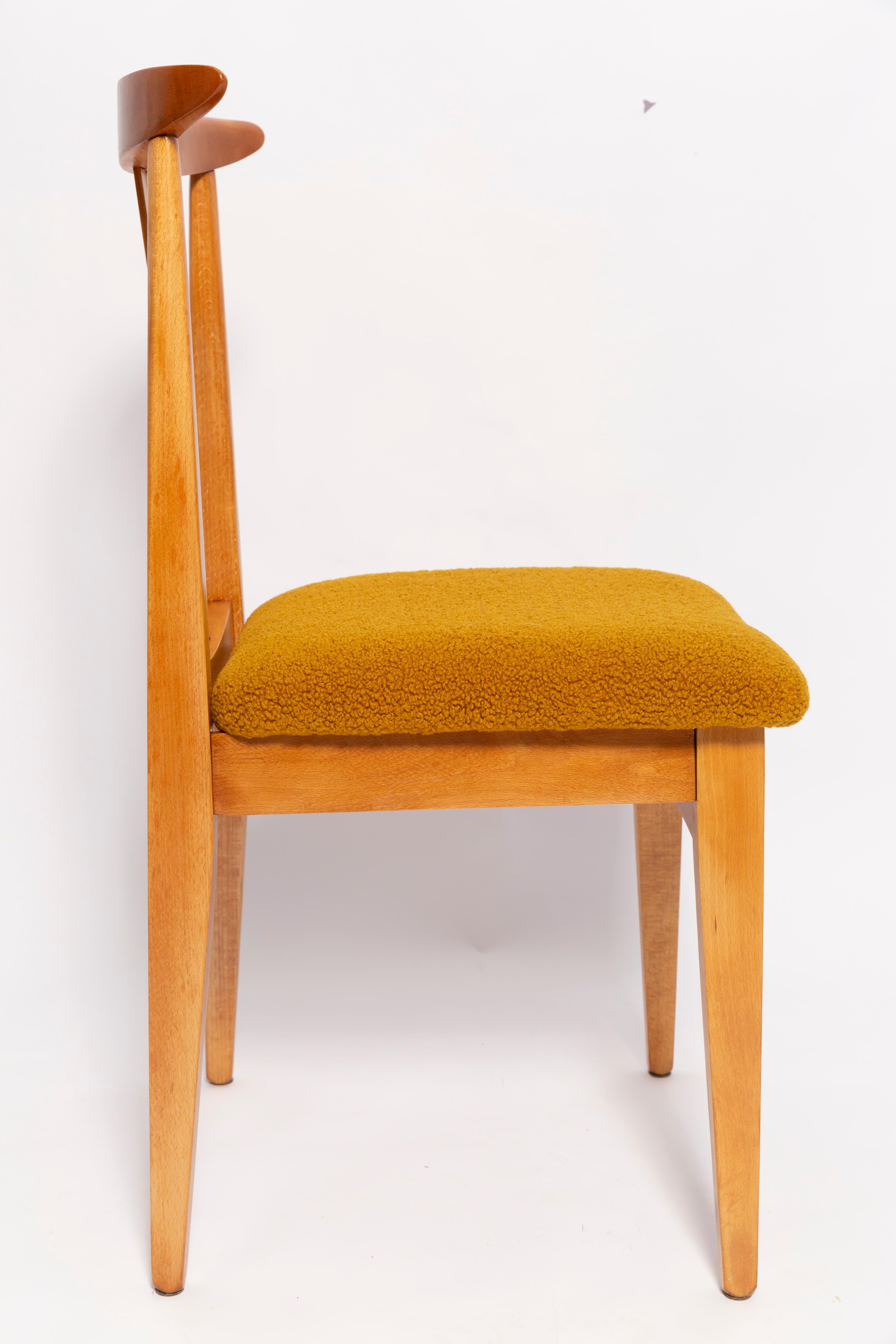 Hand-Crafted Eight Mid-Century Ochre Boucle Chairs, Light Wood, M. Zielinski, Europe, 1960s For Sale