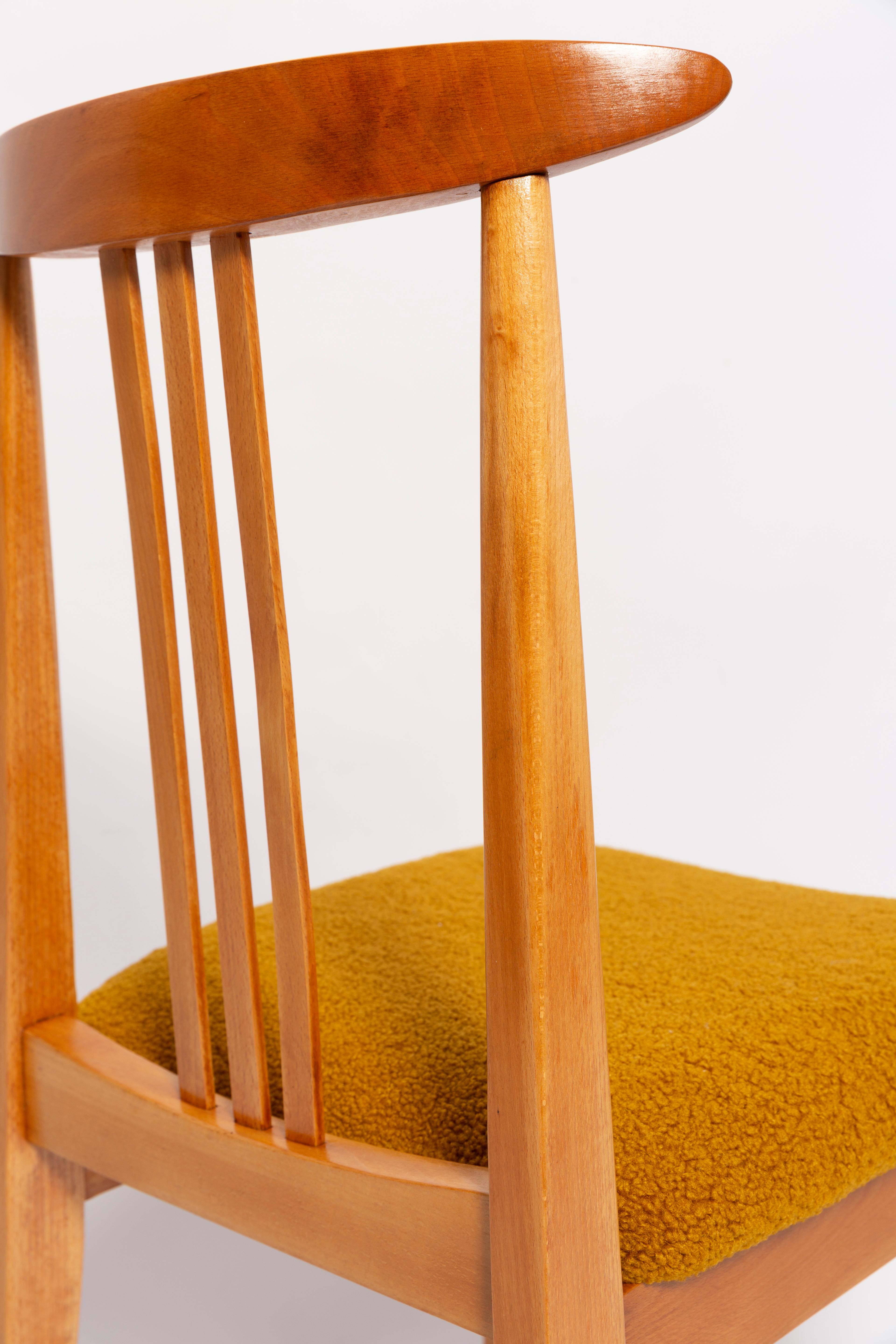 20th Century Eight Mid-Century Ochre Boucle Chairs, Light Wood, M. Zielinski, Europe, 1960s For Sale