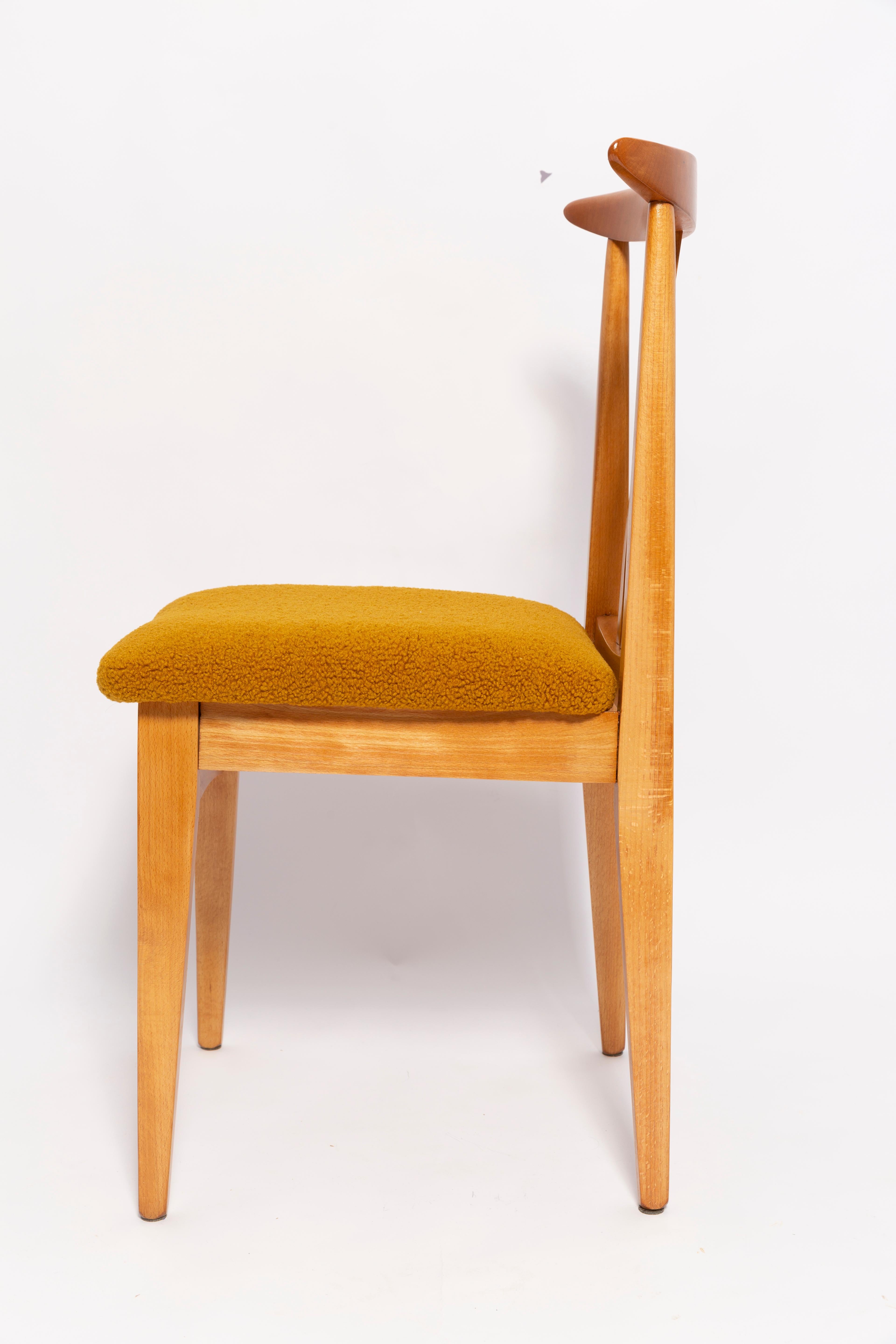 Bouclé Eight Mid-Century Ochre Boucle Chairs, Light Wood, M. Zielinski, Europe, 1960s For Sale