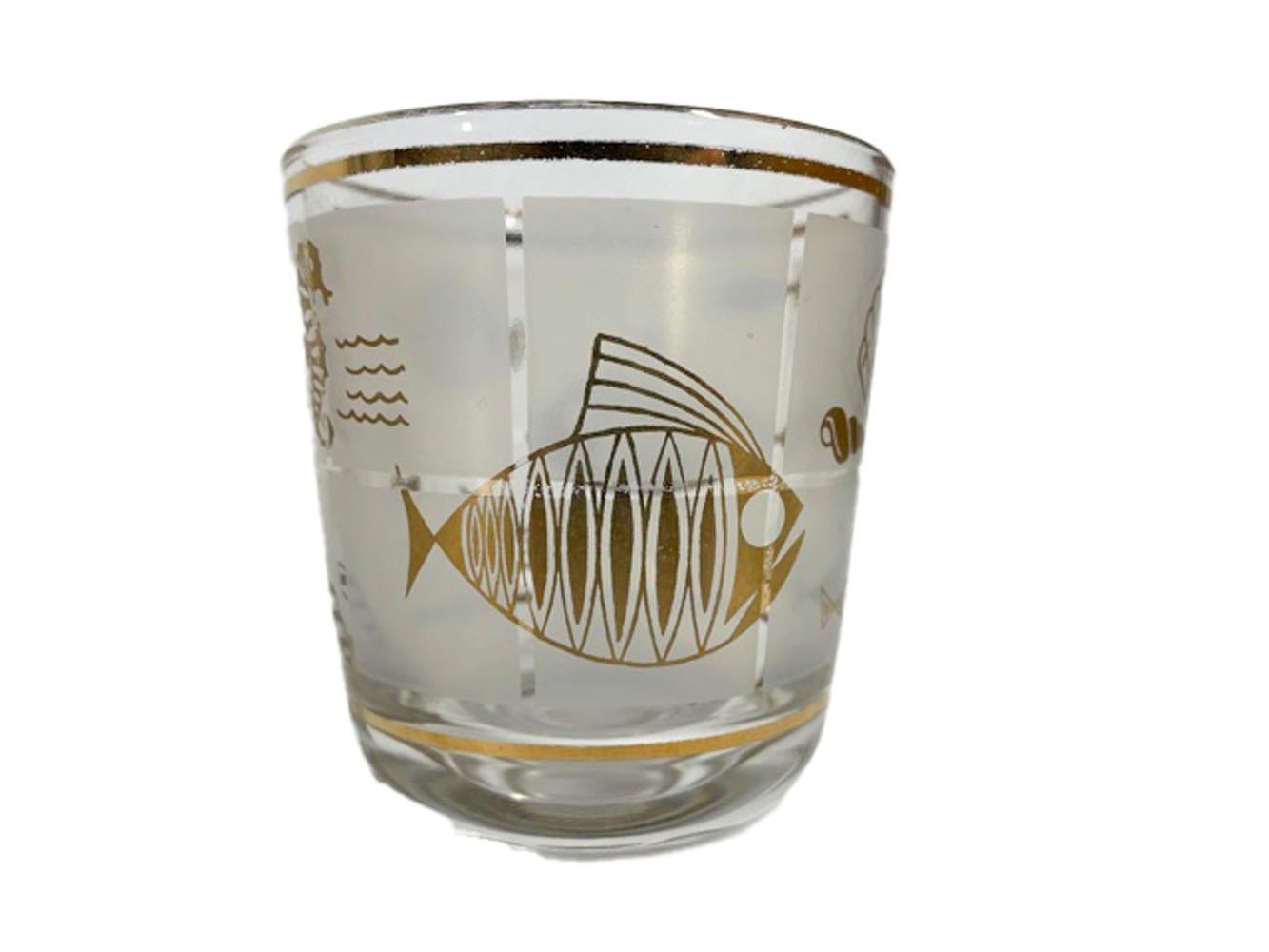 Mid-Century Modern Eight Mid-Century Old Fashioned Glasses in Frosted Marine Life Pattern For Sale