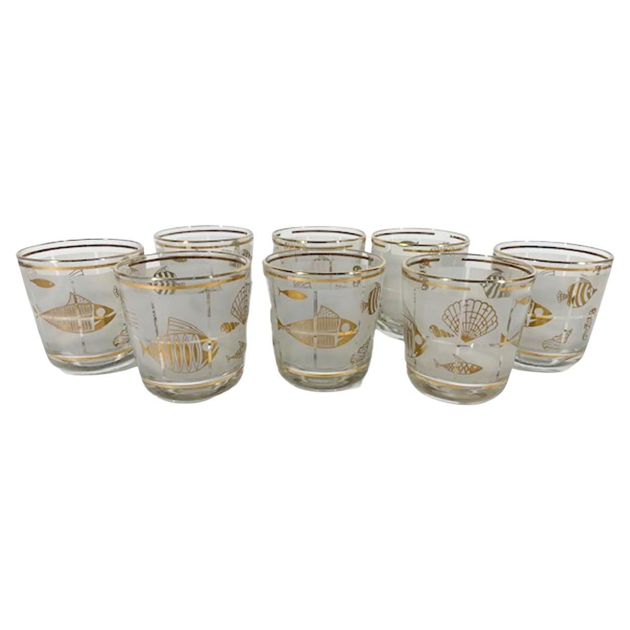 Eight Mid-Century Old Fashioned Glasses in Frosted Marine Life Pattern For Sale