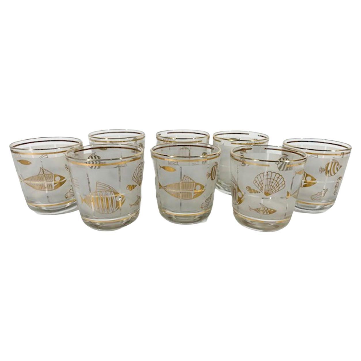 Ocho vasos Old Fashioned de mediados de siglo con motivos marinos esmerilados