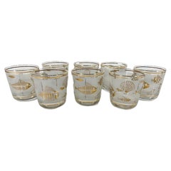 Eight Mid-Century Old Fashioned Glasses in Frosted Marine Life Pattern