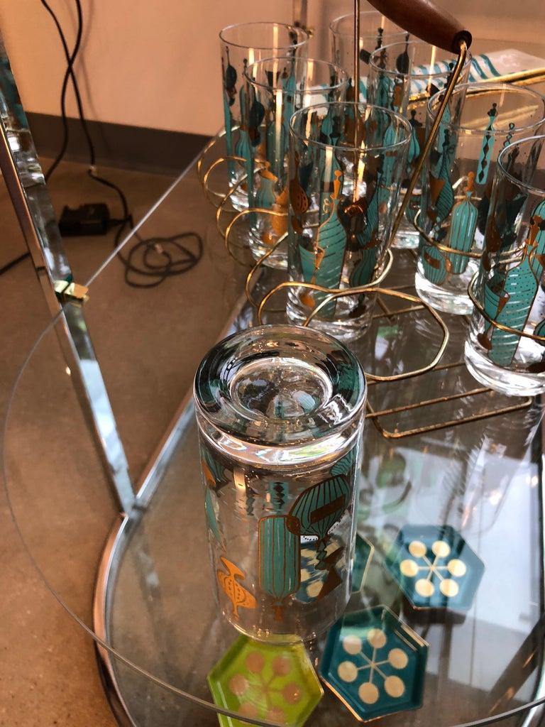 Eight MidCentury Tom Collins Glasses with Exotic Barware Decoration