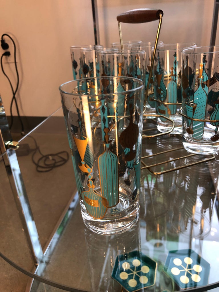 Eight MidCentury Tom Collins Glasses with Exotic Barware Decoration