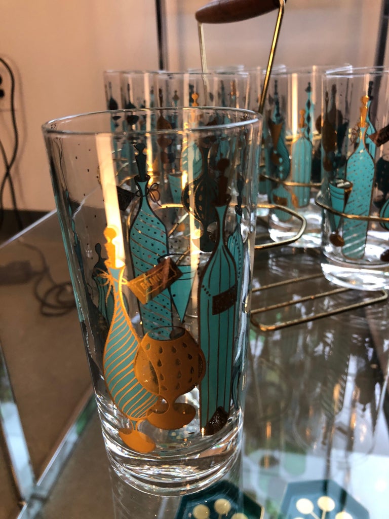 Eight MidCentury Tom Collins Glasses with Exotic Barware Decoration