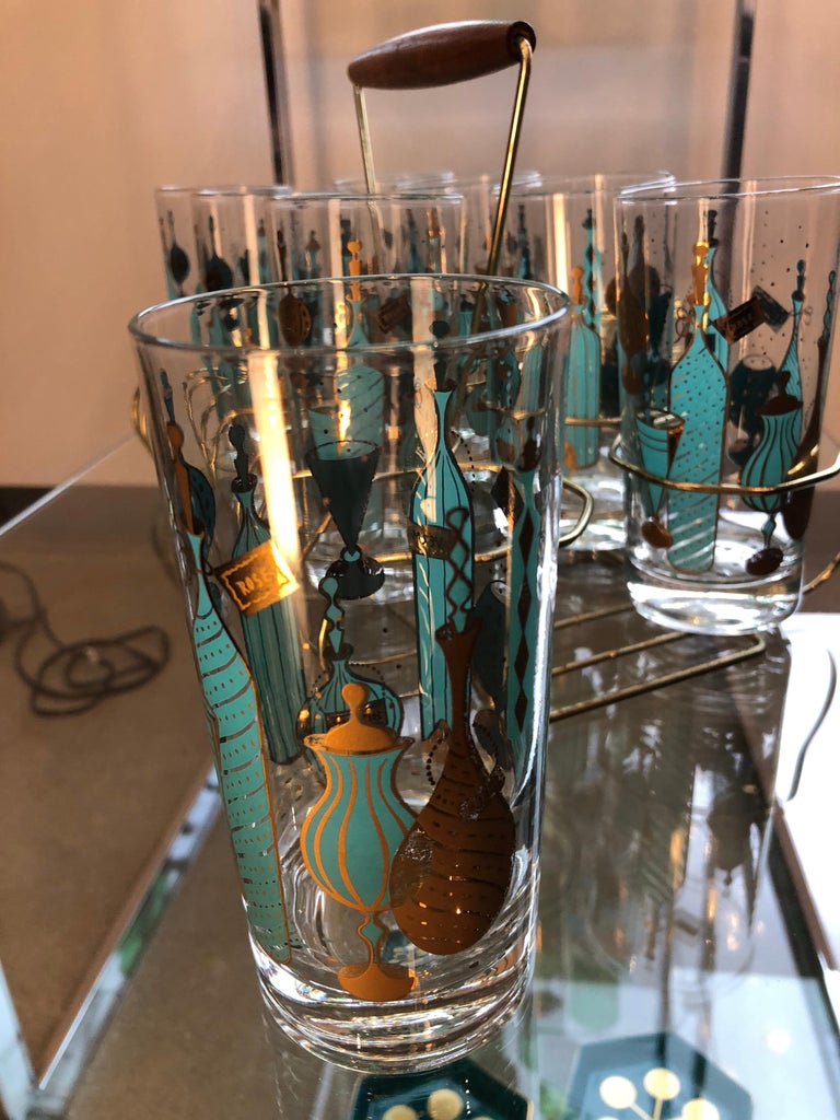 Eight MidCentury Tom Collins Glasses with Exotic Barware Decoration