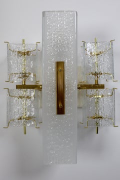 Eight Midcentury Wall Lights with Structured Glass and Brass, Europe 1970s