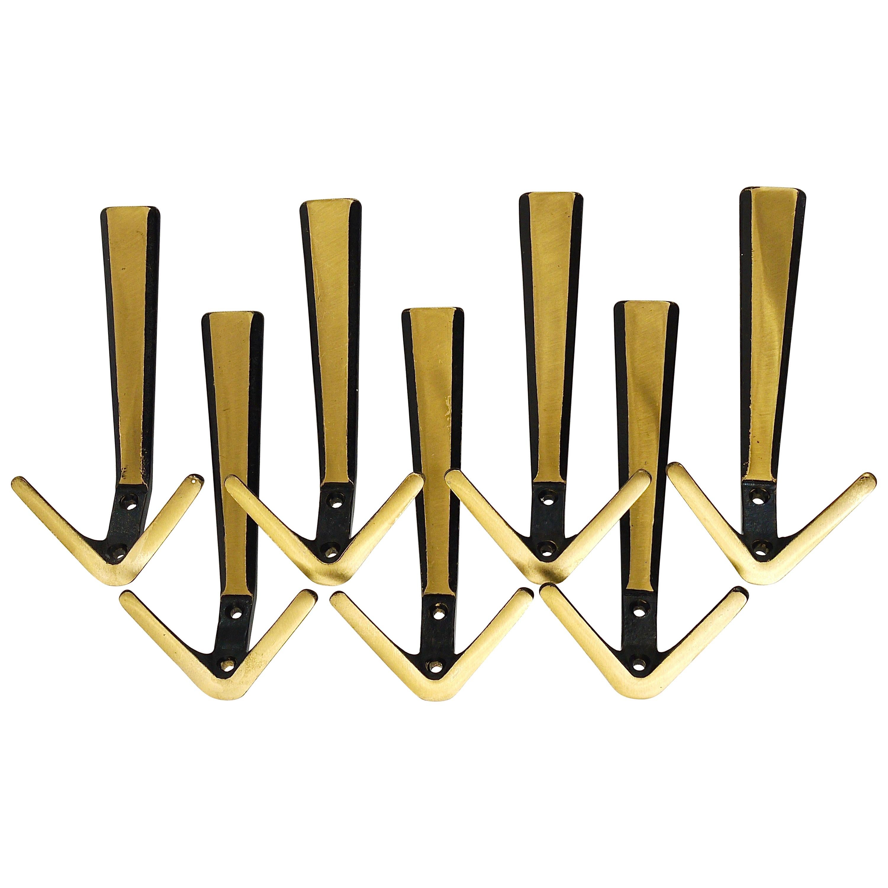 Seven Midcentury Brass Double Wall Hooks by Hertha Baller, Austria, 1950s