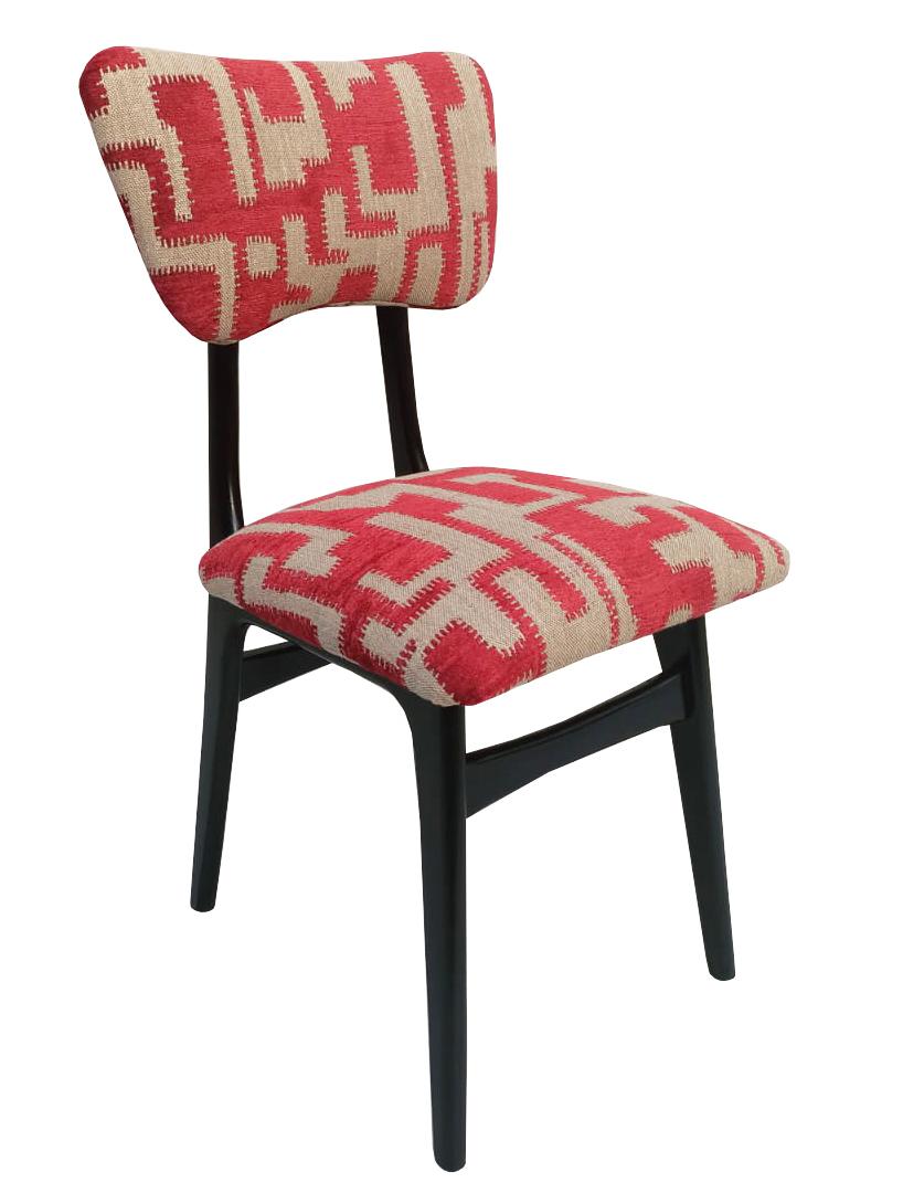 Ocho Sillas Mariposas Mediano Siglo, Jacquard Rojo Beige, Madera Negra Europa Años 60 Moderno de mediados de siglo en venta