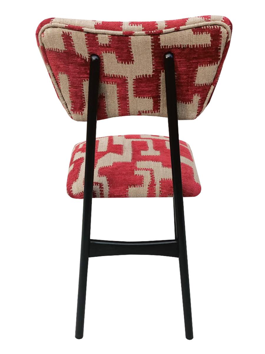 Ocho Sillas Mariposas Mediano Siglo, Jacquard Rojo Beige, Madera Negra Europa Años 60 siglo XX en venta