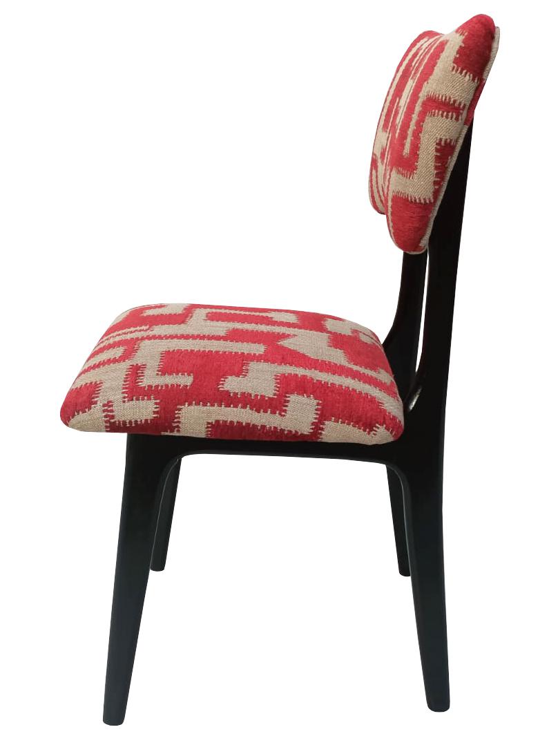 Ocho Sillas Mariposas Mediano Siglo, Jacquard Rojo Beige, Madera Negra Europa Años 60 Tela en venta