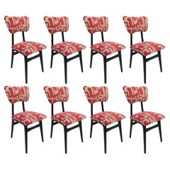 Ocho Sillas Mariposas Mediano Siglo, Jacquard Rojo Beige, Madera Negra Europa Años 60